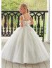 Square Neck Beaded Ivory Lace Tulle Cute Flower Girl Dress